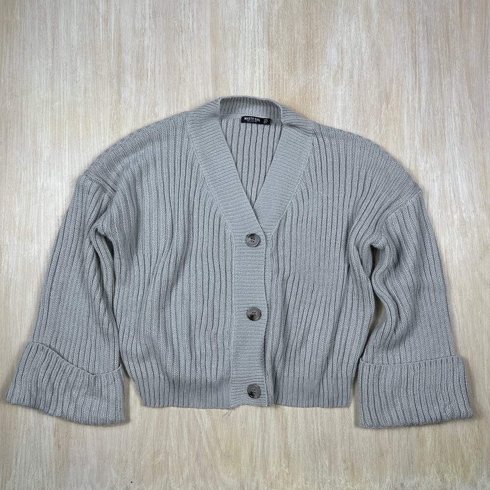 Nasty Gal Gray Ribbed Knit Button Front Cardigan Casual Cozy Chic Sweater Small